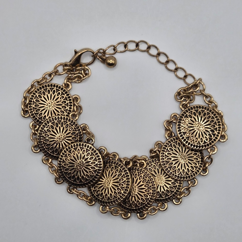 Gold Tone Floral Filigree Statement Bracelet Adjustable 8.75" Boho